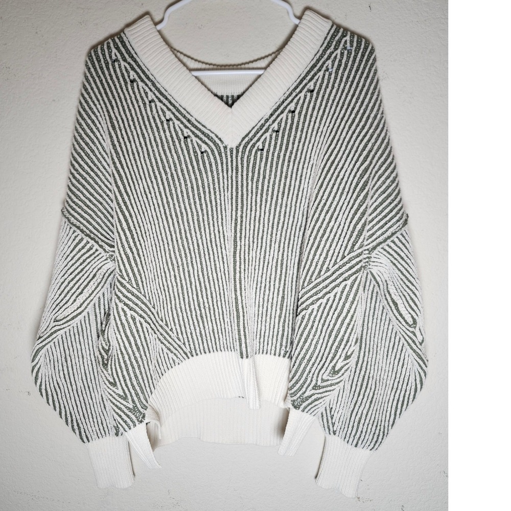 Aerie V-Neck Sweater Women XS Green White Striped Oversized Knit Pullover